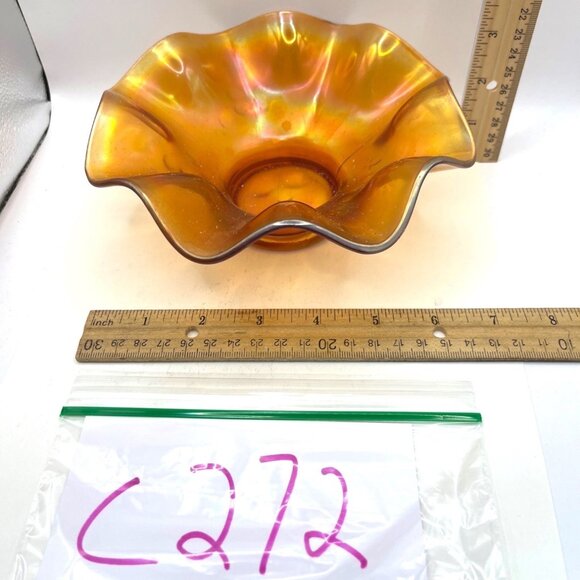 Vintage Carnival Glass Ruffled Bowl Amber Iridescent Finish 7 inches Diameter - Picture 3 of 4